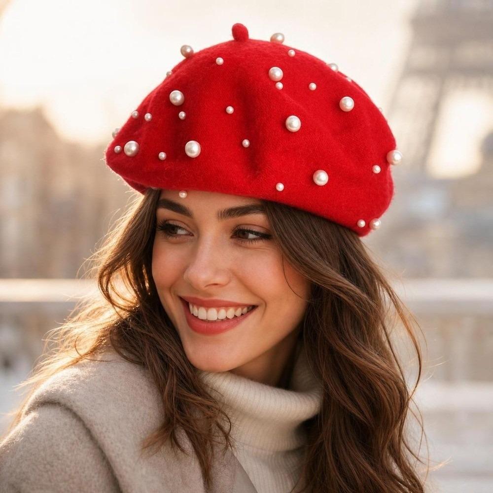 Fashion Warm Winter Wool Berets Hat Retro Pearl French Artist Hat All Matched Solid Color Felt Berets for Women
