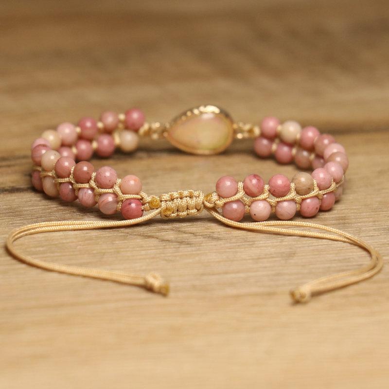 Pink Rhodochrosite Teardrop Opal Bracelet – Gold Accent Boho Healing Jewelry, Adjustable Love Gift for Women