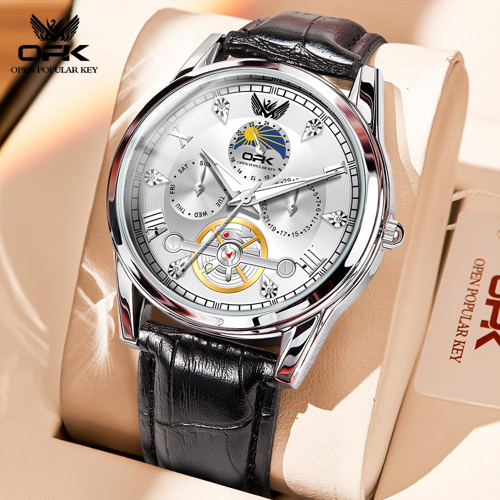 OPK 8148 Luxury Men’s Quartz Wristwatch Dual Calendar Luminous Moon Phase Waterproof Business Classic Watch for Man