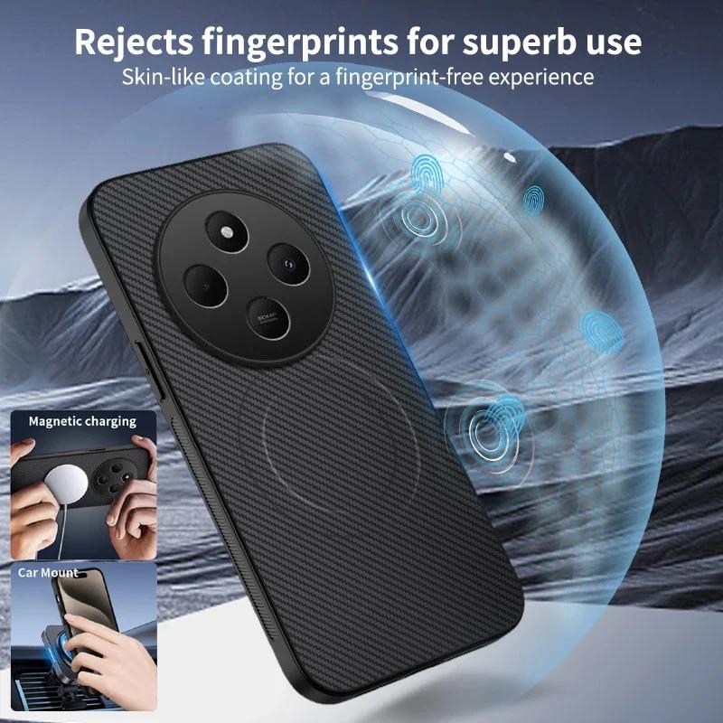 Carbon Fiber Pattern PU Leather Silicone Phone Case For Poco M6 4G M6 Plus M7 5G Magnetic Wireless Charging Soft Back Cover Case