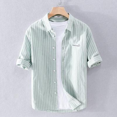 Men's Casual Striped Cotton Shirt with Five-Point Sleeves - Comfortable and Stylish for Summer