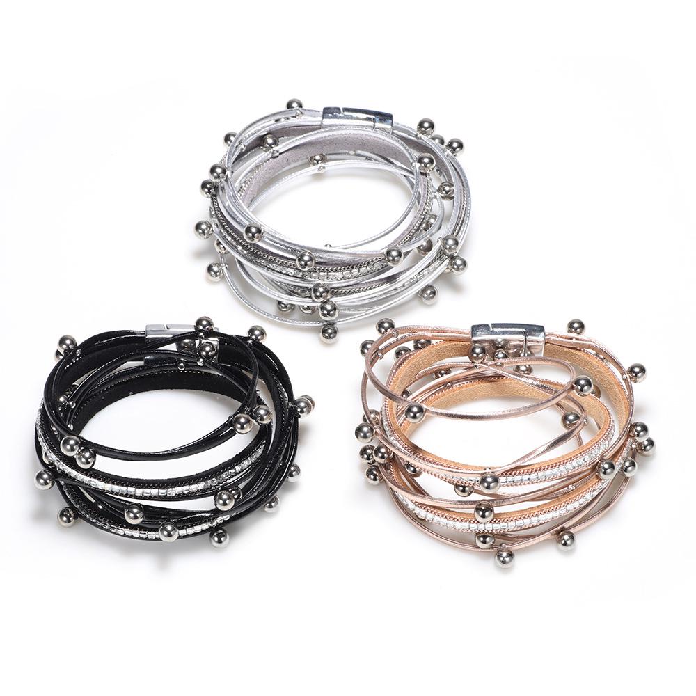 JMXD - Fashion Accessories Leather Bracelet Rhinestone Loop Wrapped Magnetic Buckle Bracelet