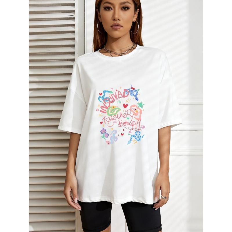 White Oversized T Shirt With Colorful Dinosaur And Heart Print For Casual Wear
