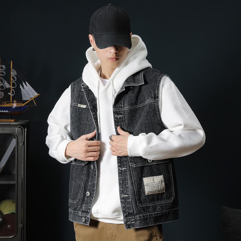 Men's Plus Size 7XL Korean Fashionable Loose Washed Denim Vest - Spring and Autumn Youth Casual Multi-Pocket Sleeveless Jacket