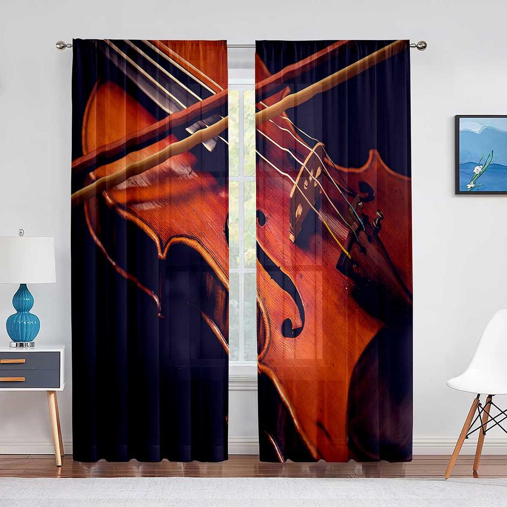 Röd Ros Blommig Kaffe Violin Skir Voile Gardin för Vardagsrum för Fönsterpersienner Sovrum Draperi Kök Hall Tyllgardiner