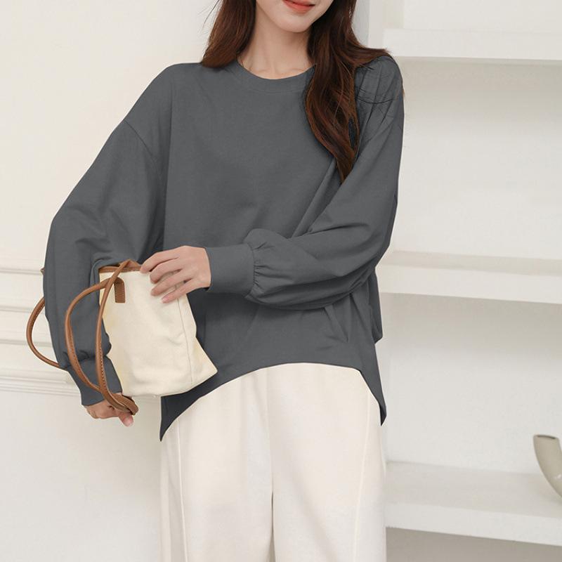 

Spring Loose Pure Top: Casual Solid Color Round Neck Long Sleeve T-Shirt Medium темно-сірий