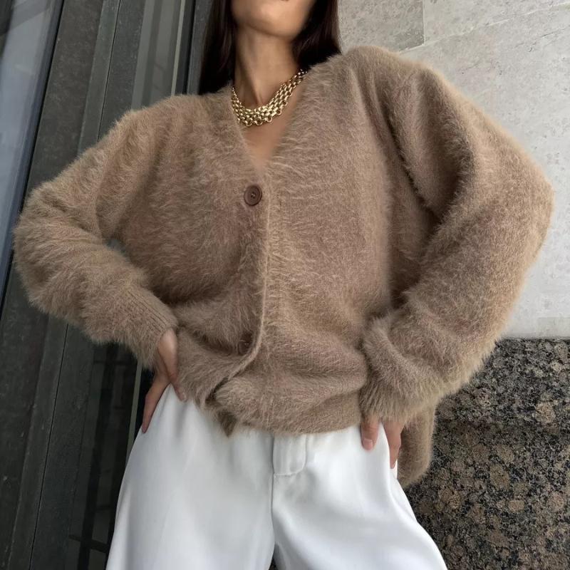 

GMXIA Женский вязаный кардиган из норки Lazy Wind, свободный повседневный свитер с V-образным вырезом на осень и зиму M хаки