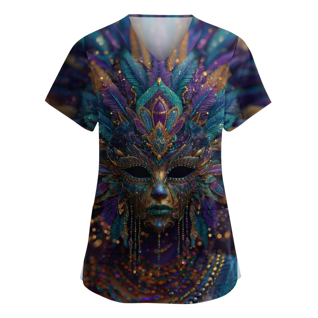 Dammode V-ringad Kortärmad Overall Med Fickor Tryckta Toppar Kläder