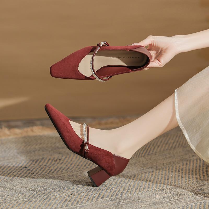 

Высокий темперамент толстый каблук маленький квадратный носок мелкий вырез жемчужная цепочка удобные два способа носки женские замшевые туфли Мэри Джейн женские 40