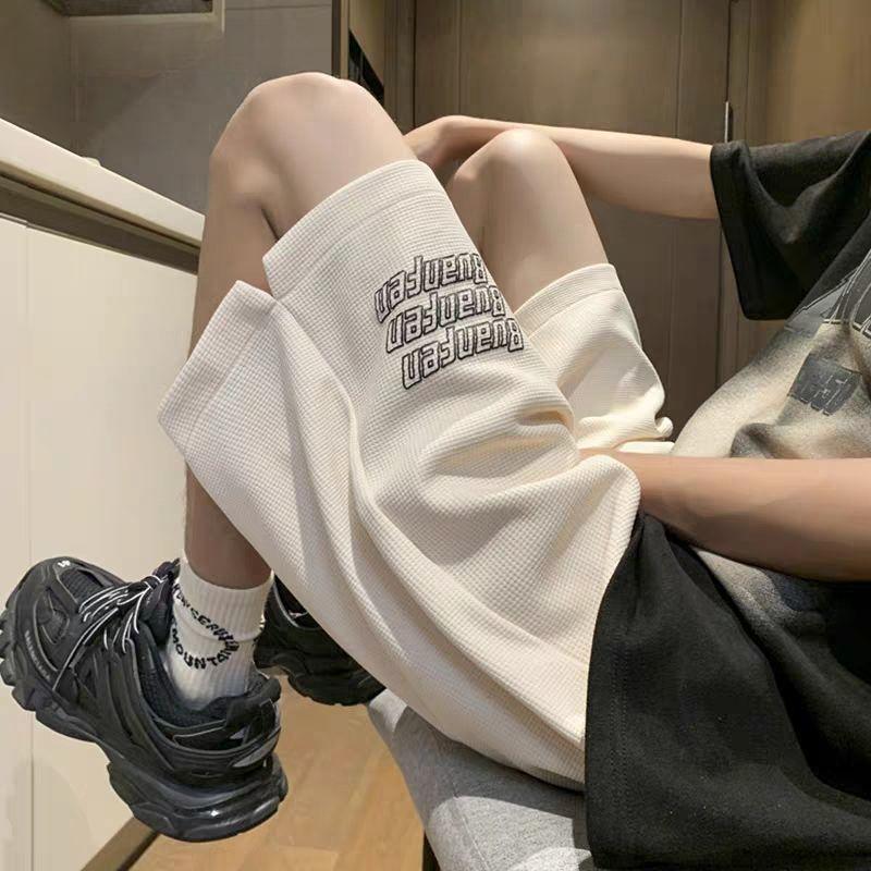 Waffle Grid Letter Print Casual Five-Point Pants Summer Men Korean Style Loose Versatile Student Sport Shorts Trendy