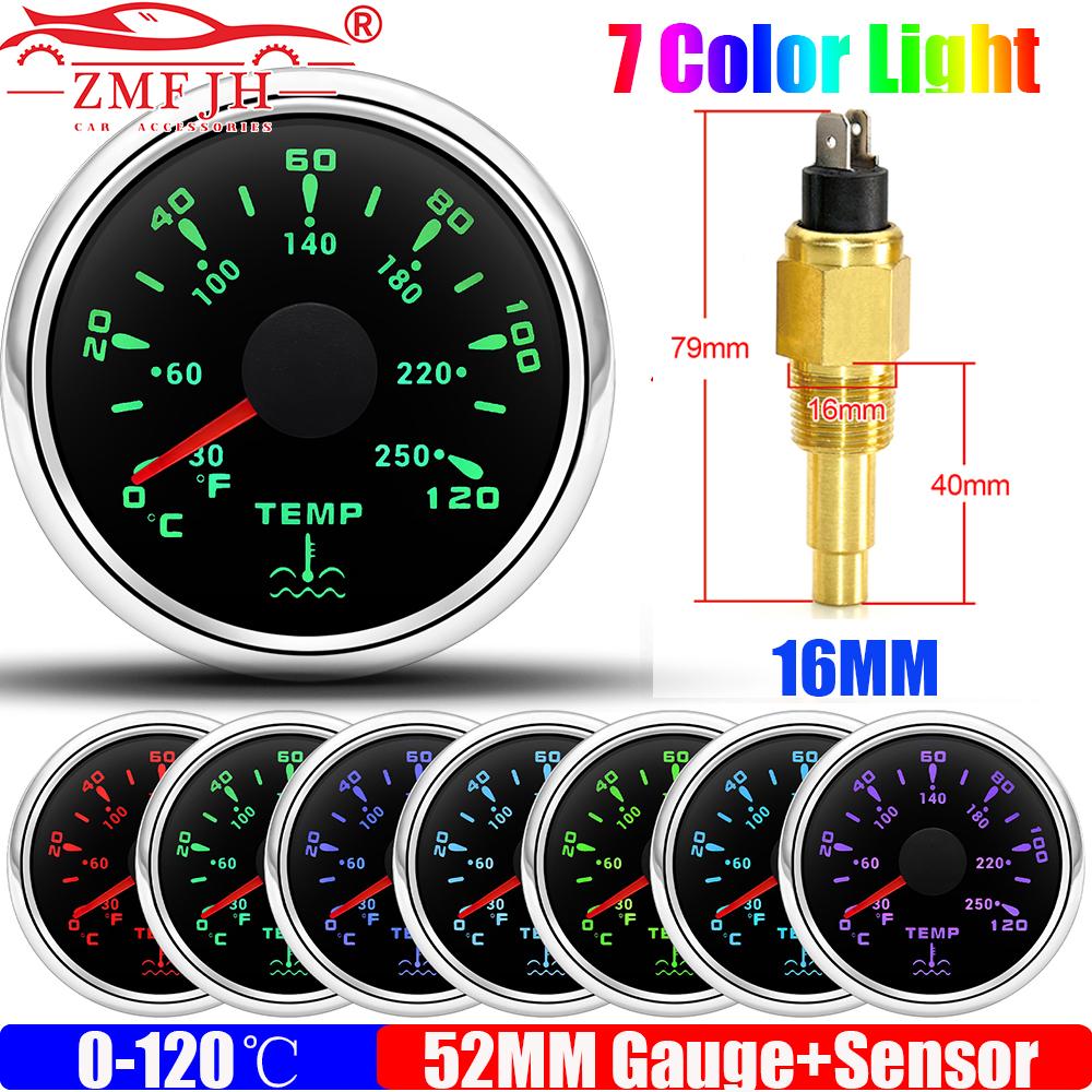 0~120℃,30~250℉ 52MM Water Temperature Gauge+Water Temp Sensor 10.2MM,12MM,16MM,17MM,21MM 7 Color Light for Boat Yacht Car 12V24V