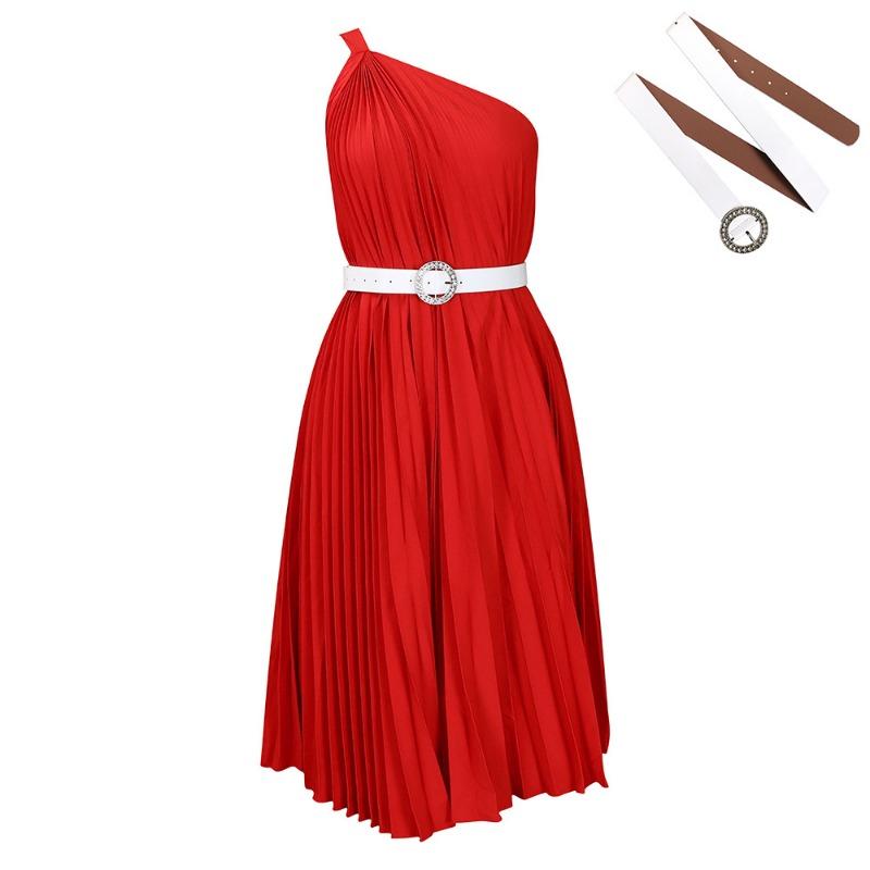 With belt women's clothing new fashion temperament slanted shoulder solid color pleated large skirt