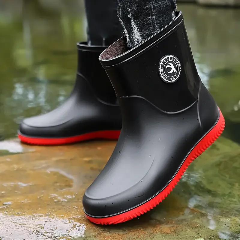 Large Size Men's Rain Boots Fashionable Adult Waterproof Fleece Lined Anti-slip Mid-calf Booties Outdoor Wearable Couples Shoes