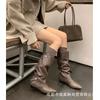 Leather low-heeled pointed boots women's 2025 autumn and winter retro pleated stacking boots versatile comfortable knight boots