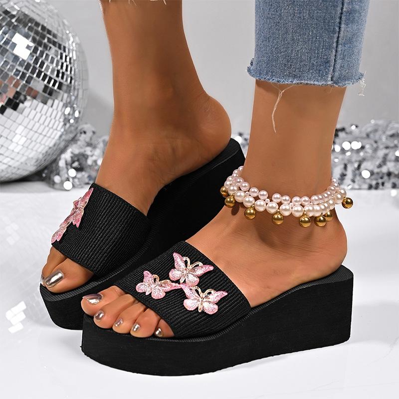 Fashion Butterfly Metal Decor Wedges Sandals  Women Thick Sole Non Slip Casual Slippers Woman Summer Plus Size Chunky Platform Slippers