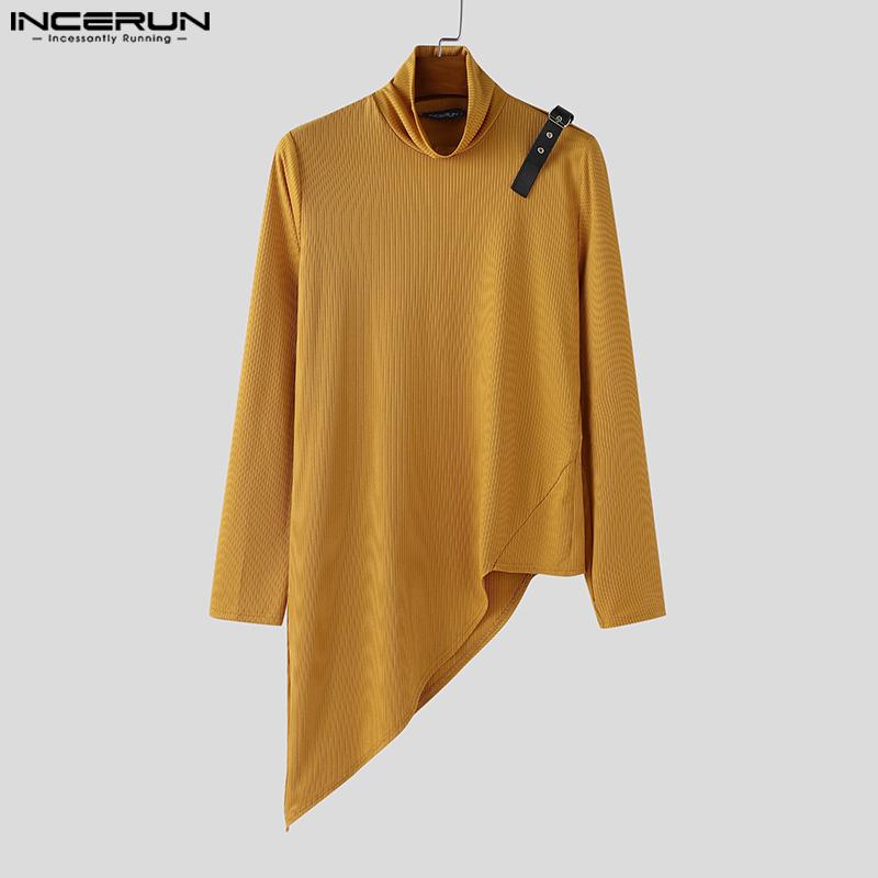 INCERUN Men's High Neck Patchwork Long Sleeve Splits Irregular Rib T-shirts Undershirts