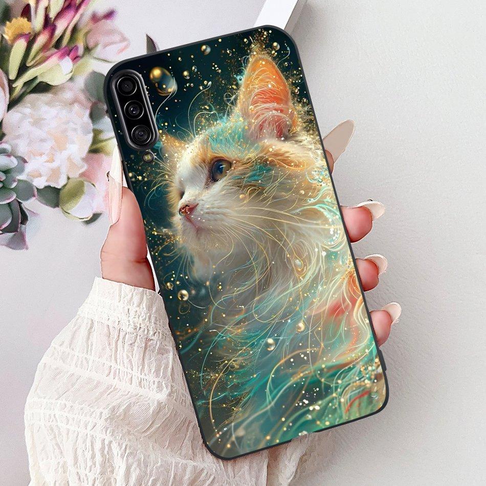 For Samsung Galaxy A90 5G Phone Case For Samsung A90 5G SM-A908B Elegant Floral Cat Painted Black Silicone Soft TPU Cases