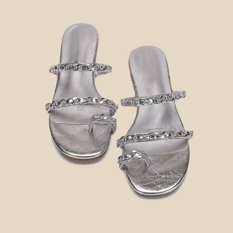 New round head fashion versatile set, toe strap chain, low-heeled flat-bottomed slippers