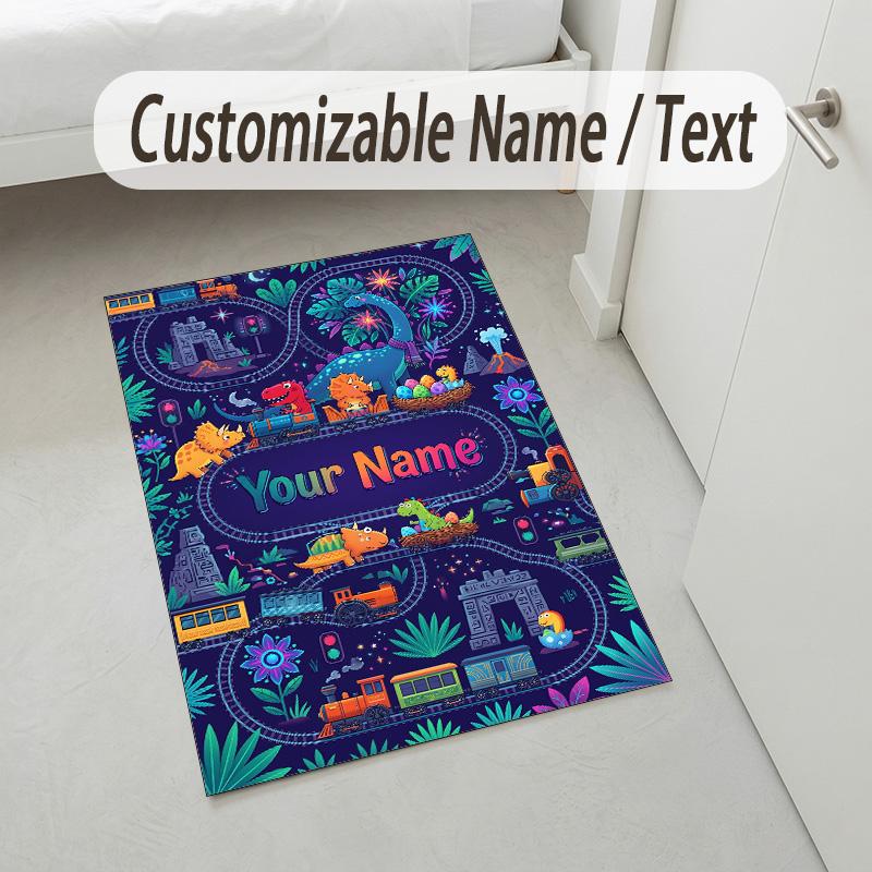 Dinosaur Theme Crystal Velvet Rug Personalized Custom Name Text Soft Floor Mat Home Decor