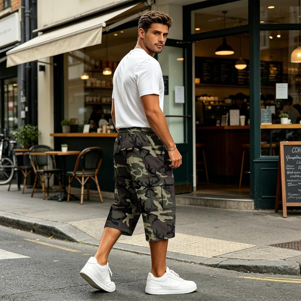 Men's Casual Drawstring Cargo Shorts with Camouflage Print Knee Length for Outdoor Everyday Wear