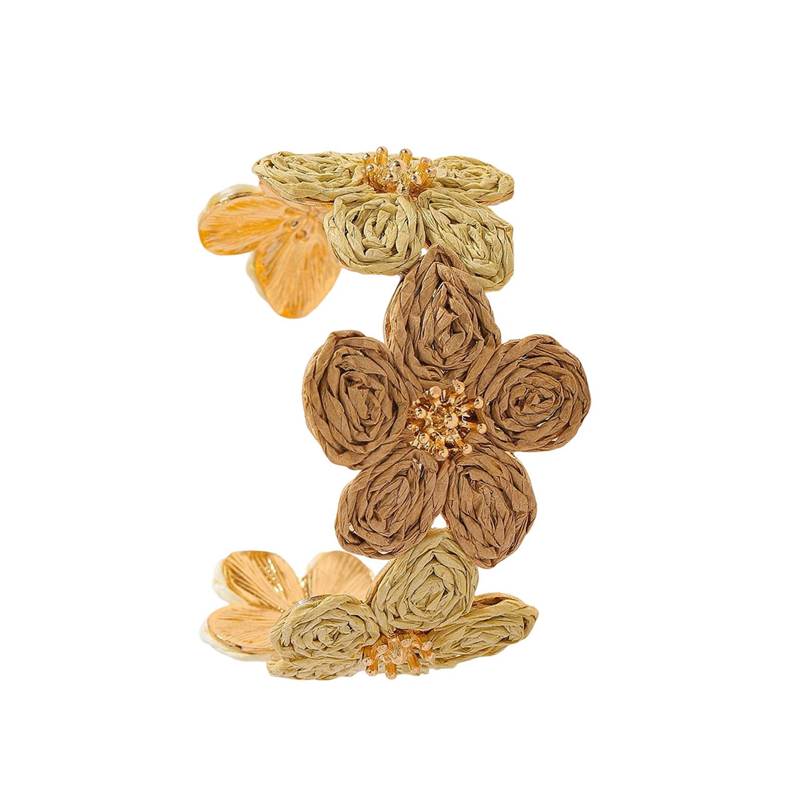 

Винтажный плетеный браслет-манжета из рафии и сплава с цветочным узором в богемном стиле для женщин, креативная цветочная ручная цепочка, ювелирное украшение, подарок T5