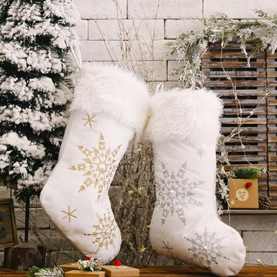 Christmas Stockings Snowflake Embroidered Hanging Socks with Plush Edge Festival Home Decor