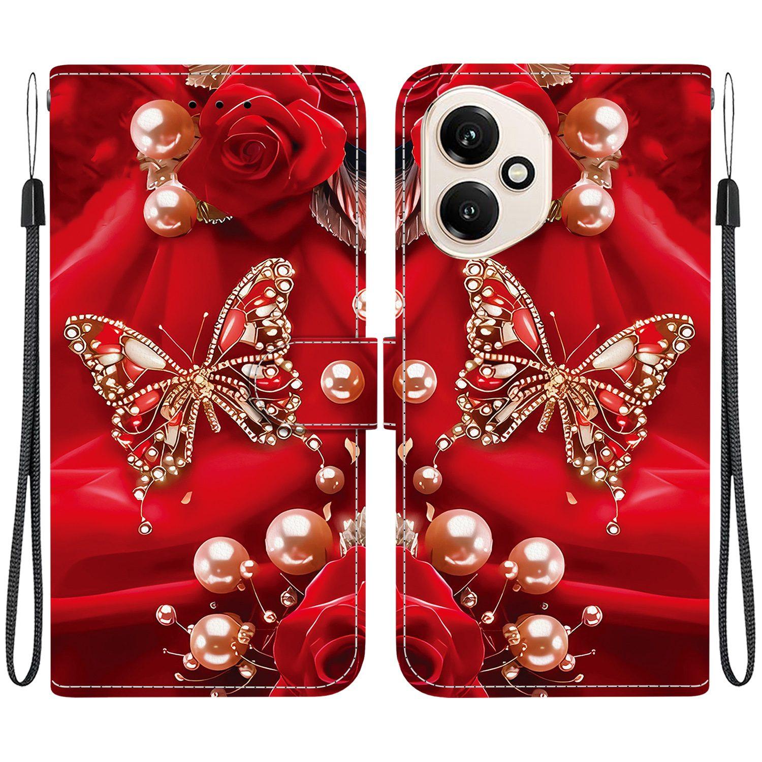 

For Honor 400 5G (Global) Leather Case Stand Wallet Pattern Printing Phone Cover with Wrist Strap Pearl Butterfly Rose
