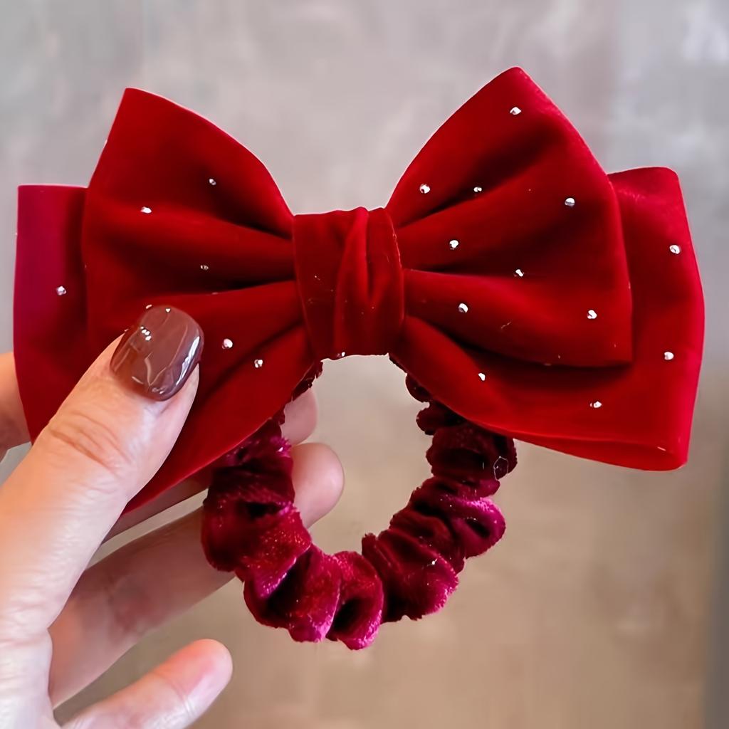 A New Vintage French-Style Wine Red Velvet Hair Tie Adorned with Starry Diamonds And a Bow