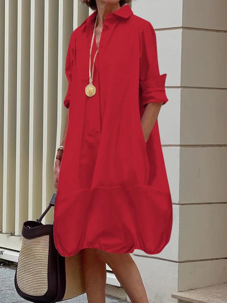 Yeezzi Damen Hemdkleid mit Kragen Frühling Sommer Langarm Locker Einfarbig Freizeit Ausgehen Büro Midi-Kleider