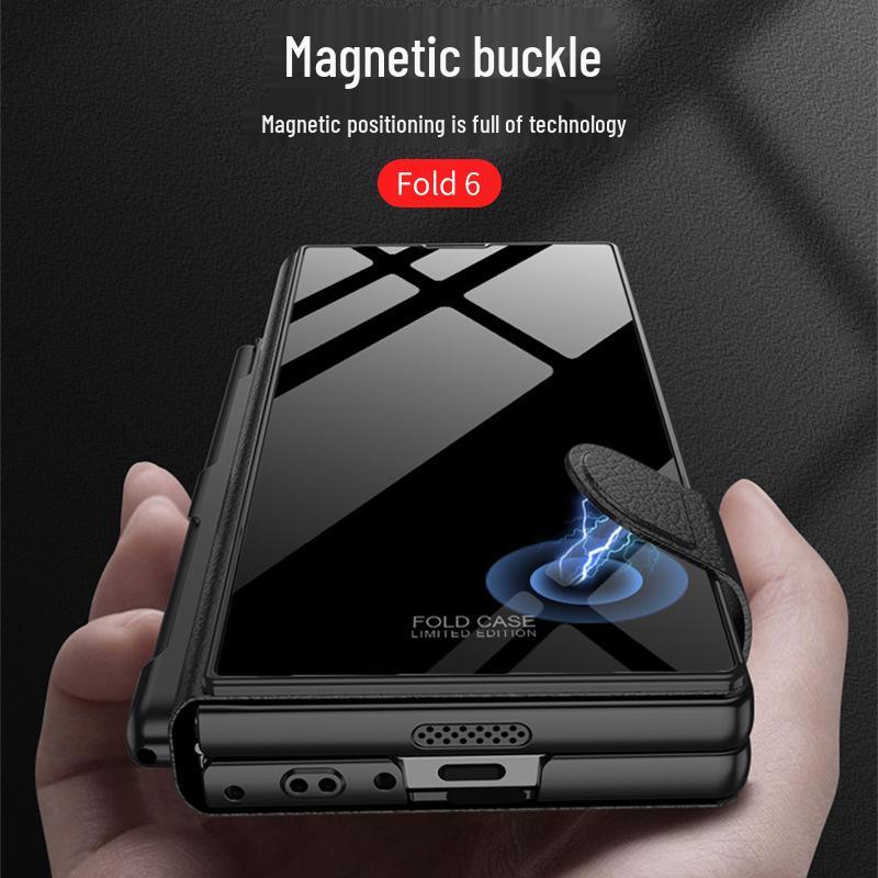 Samsung Z Fold 6 Leather Flip Case with Pen Slot and Glass Cover – Stylish and Business-Friendly.