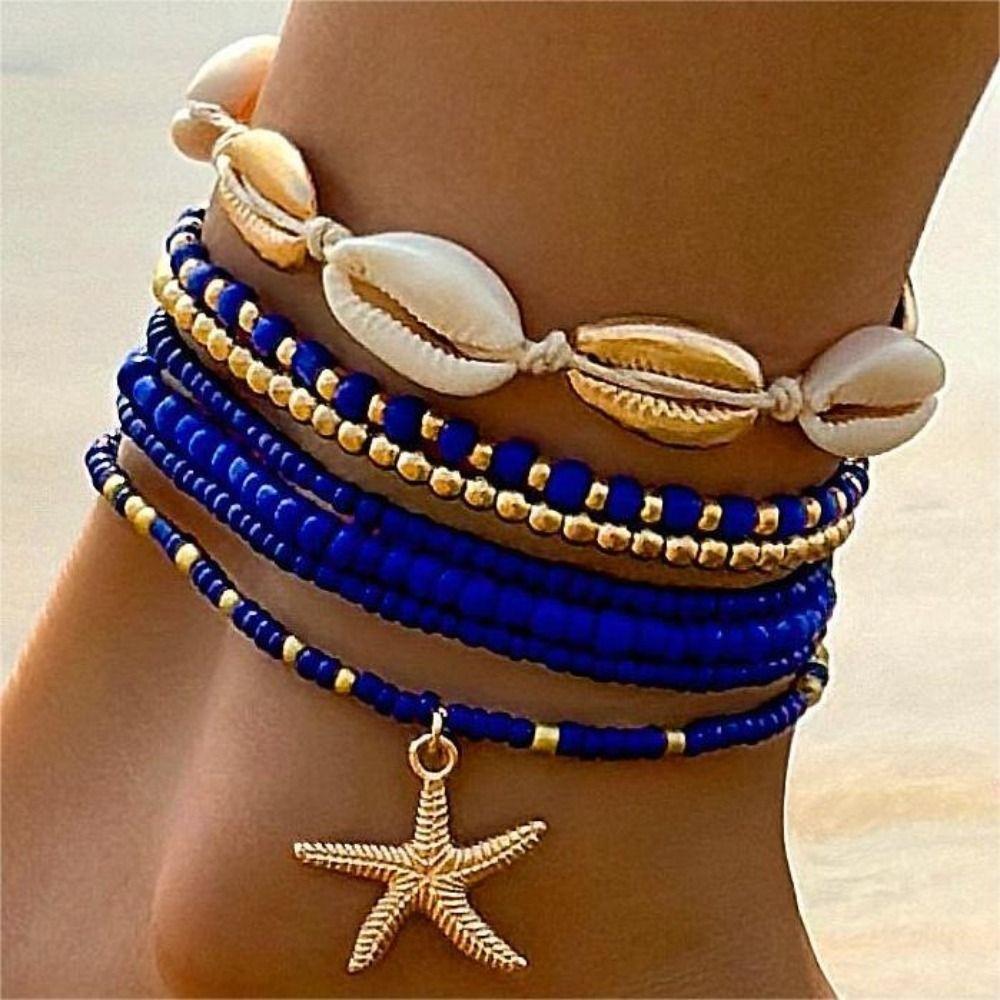 7pcs Charm Holiday Starfish Multi-layer Anklet Stretch Anklet Set Fashion Beach Jewelry