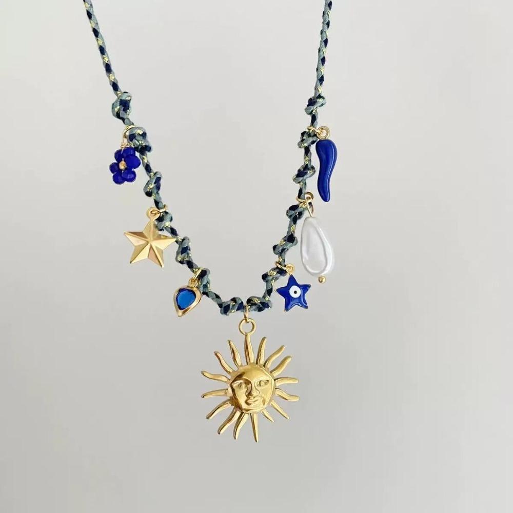 Pearl Accent DIY Knotting Rope Chain Colorful Turtle Pendant Necklace Gold-Plated Necklace Summer