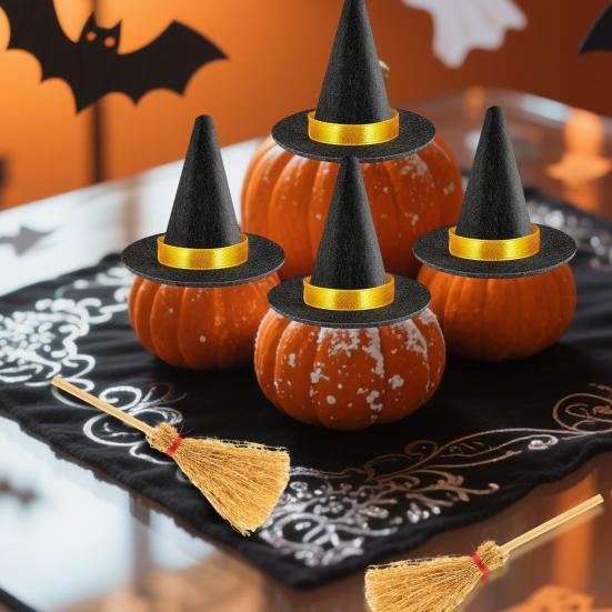 12Pcs Mini Witch Hat And Broom Crafts Halloween Party Decorations Reusable Black Hats Festive Home Party Ornaments