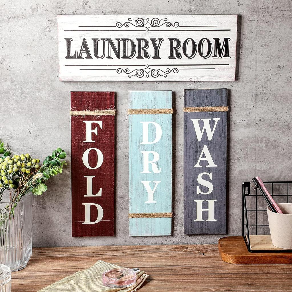 4 Pieces Home Vintage Laundry Room Canvas Wall Art, Laundry Rules Prints Signs Framed, Rustic Bathroom Laundry Room Decor Retro Wash Wall Art for