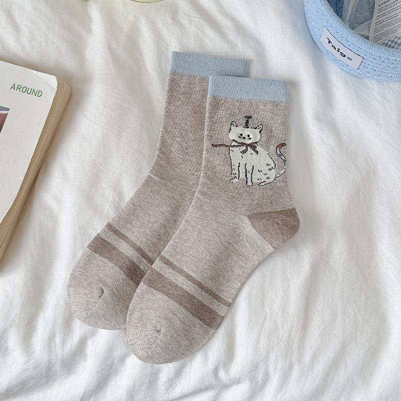

Cartoon Socks Children s Spring/Summer Mid-Calf Socks Cute Cat Trendy Colorful Stripes Knitted Socks Women s Socks 1 pair кавовий