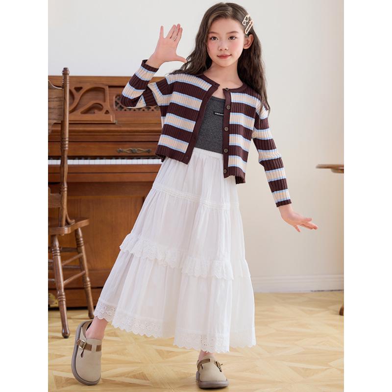Girls' Long High Waist Lace Cake Skirt - White Spring/Autumn 2025