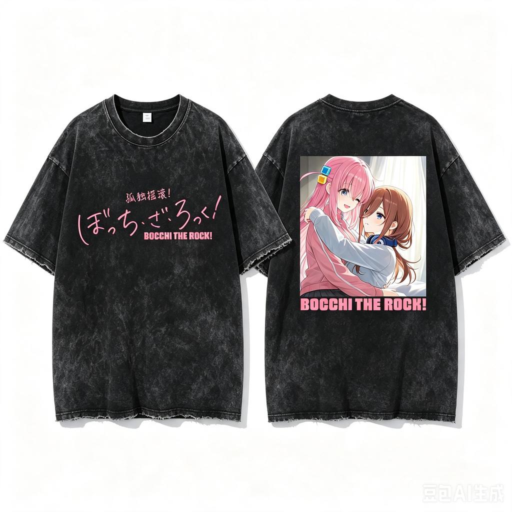Hitori Gotoh & Miku Nakano Bocchi The Rock & The Quintessential Quintuplets Double Sided Graphic Washed Crew Neck T-Shirt