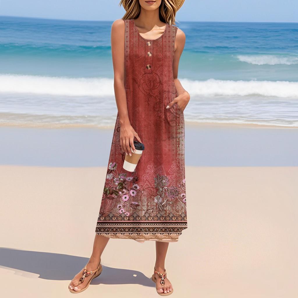 Women's Summer Floral Print Dress Sleeveless Button Down Casual Loose Long Beach Sundress