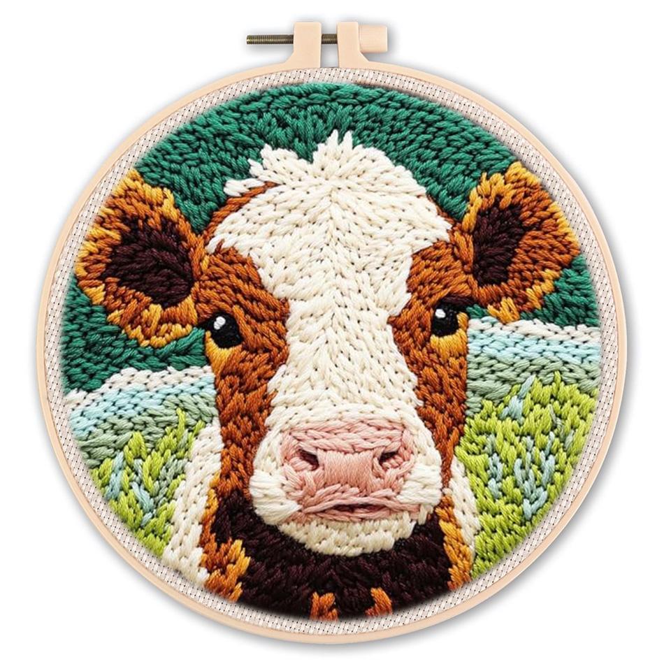 DIY Punch Needle Kits for Beginners Cute Cartoon Cow with Daisy Flower with Hoop Punch Needle Starter Craft Embroidery Set