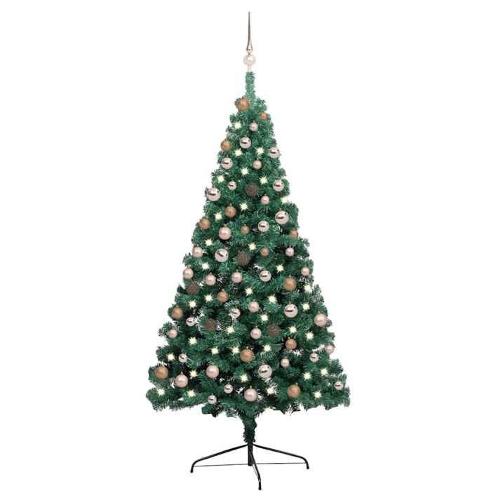 Maison Exclusive - Demi-arbre de Noël artificiel pré-éclairé et boules vert 180 cm