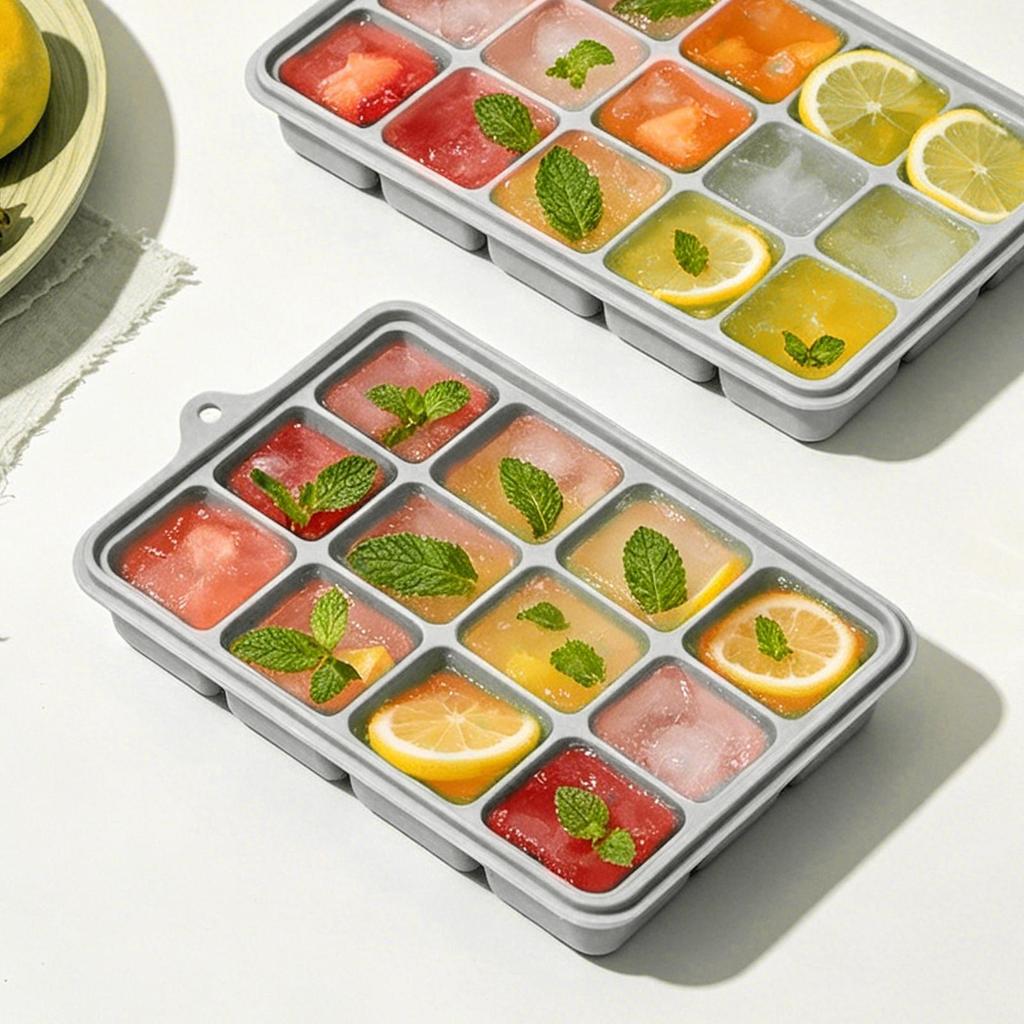 Square Silicone Ice Cubes Tray Mold 15-Grid With Lid Easy Release Food Grade Freezer Ice Molds Frozens Whiskey Ice Cubes Tray