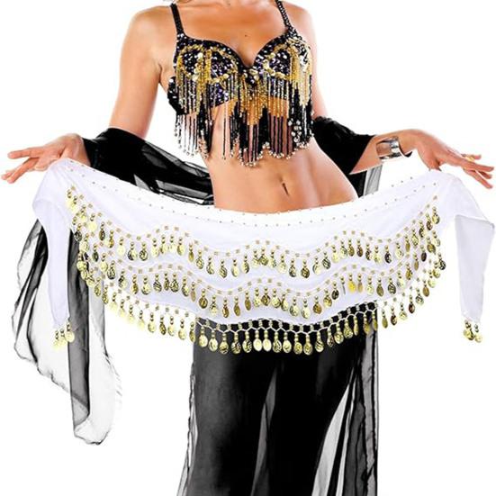 Belly Dance Hip Scarf Women Waist Scarf Belly Dance Skirt with 98 Golden Coins Knot Tying Hip Wrap for Dance Training Performance Beach Wear
