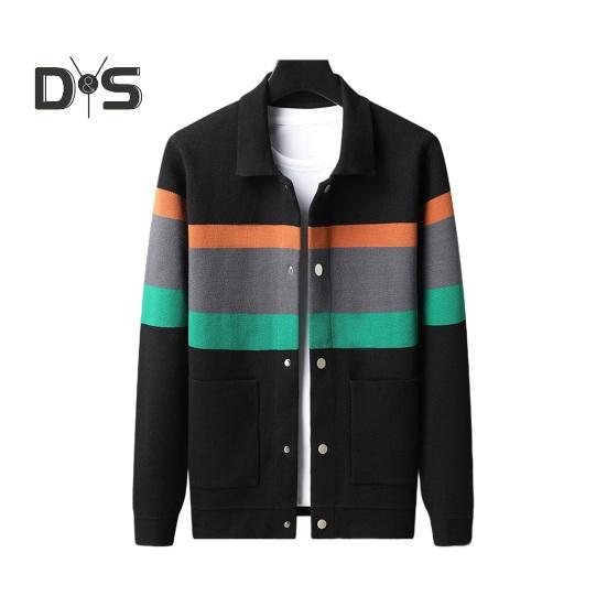 Fall Winter Men Cardigan Sweater Coloblock Turn-down Collar Coat Long Sleeves Pockets Single-breasted Knitted Elastic Jacket