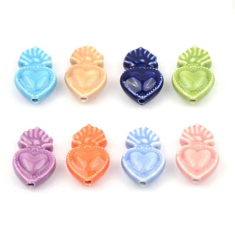 Glazed Ceramic Heart Beads with Vertical Holes for DIY Jewelry and Crafts