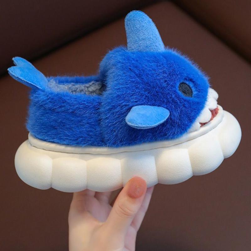 1 Pair Youngsters' Shark Plush Slippers - Soft Fleece-Lined Slip-On Indoor/Outdoor House Shoes with Cartoon Shark Design, Non-Slip PVC Sole