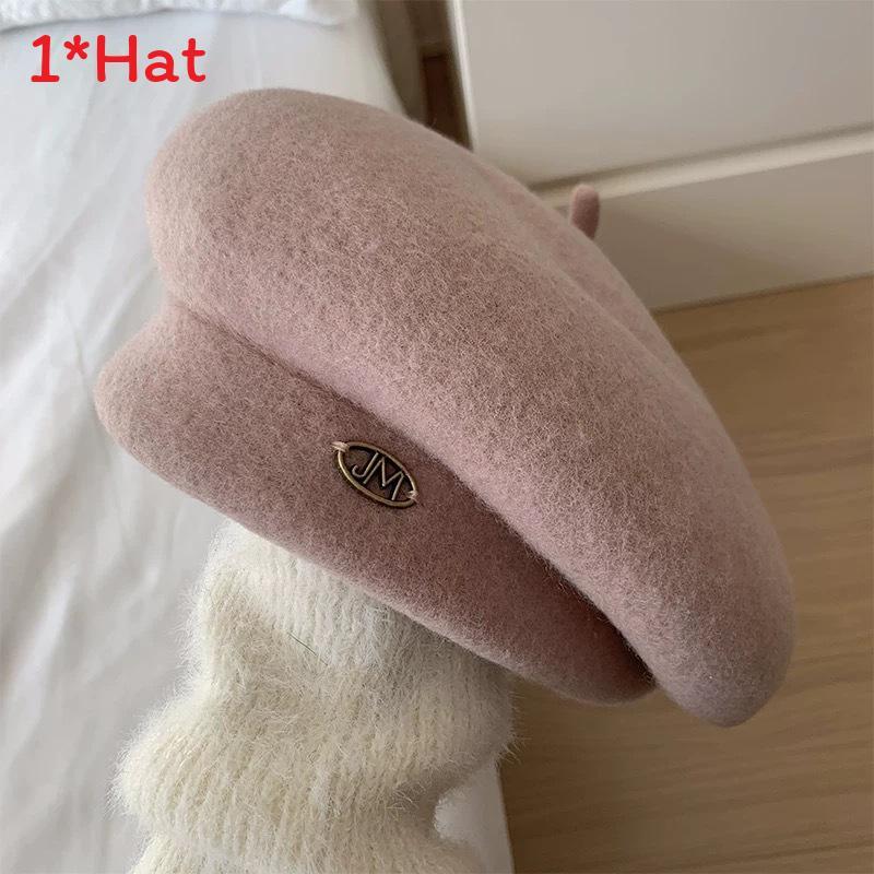 

Wool Beret Hat For Women With Elastic Band Elegant Winter Accessory Pink