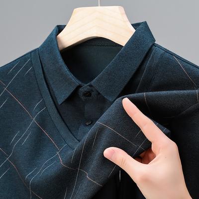 Pánské polo tričko s dlouhým rukávem ležérní vysoce kvalitní kosočtvercový kostkovaný falešný dvoudílný T-shirt