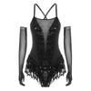 Ladies Latin Performance Leotard S-XXL Sequins Fringe Cross Back with 1 Pair Gloves for Tango Rumba Cha-Cha Samba Dance
