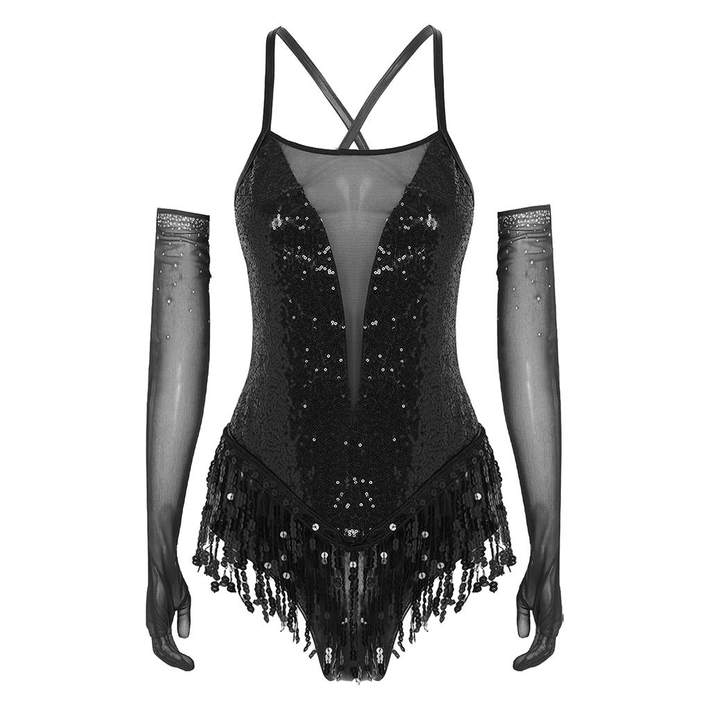 Ladies Latin Performance Leotard S-XXL Sequins Fringe Cross Back with 1 Pair Gloves for Tango Rumba Cha-Cha Samba Dance