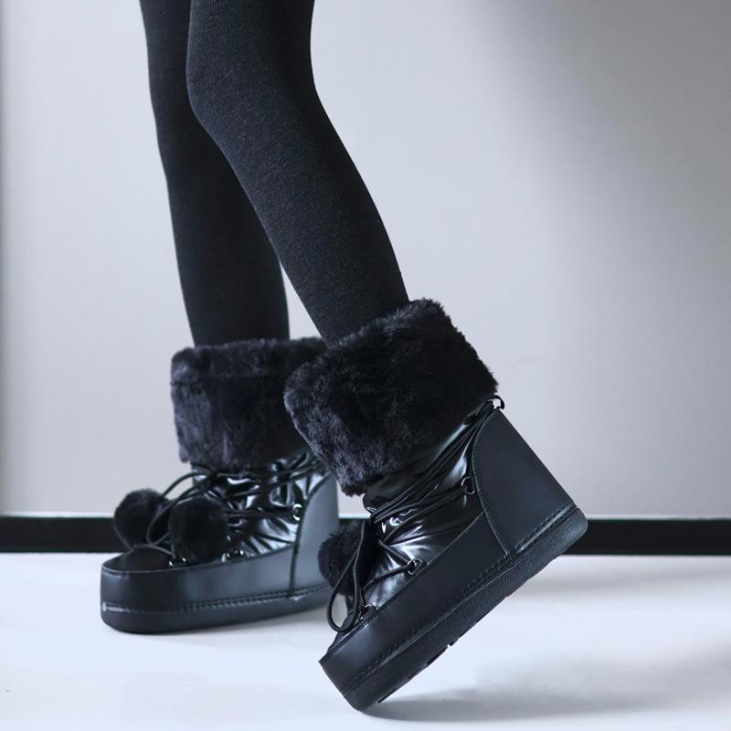 Winter Women Middle-Calf Snow Boots Fluffy Fur Lace-Up Platform Female Ski Boots Size 35-40